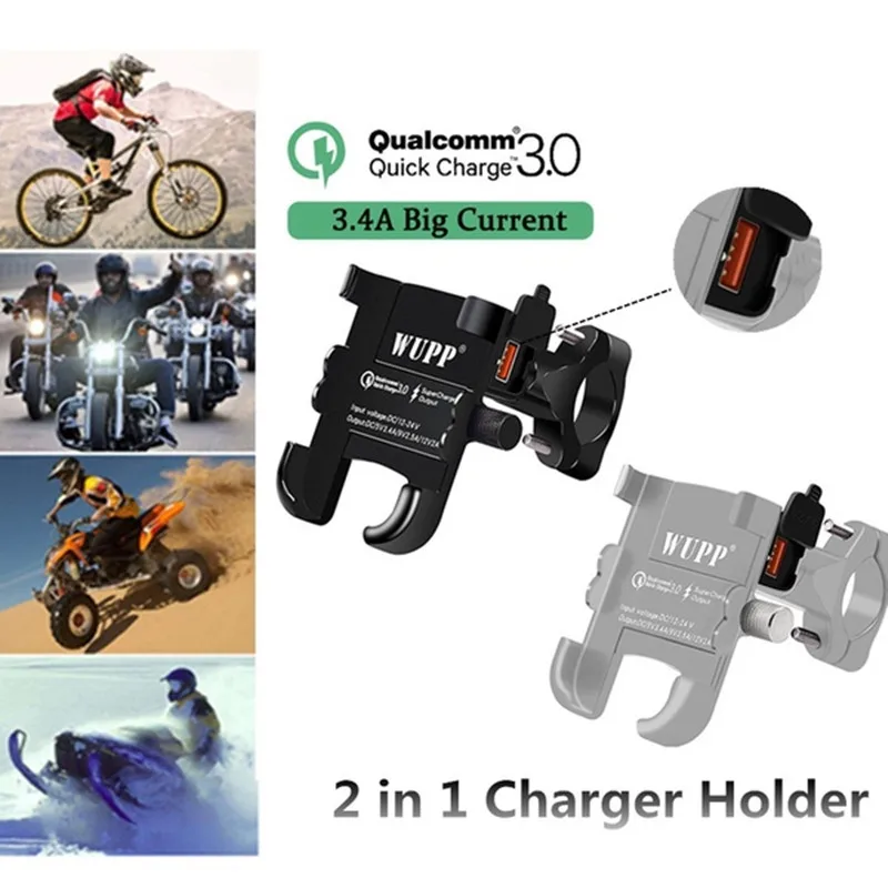 

QC3.0 USB Charger 4-7inch Wireless Fast Charging Aluminum Alloy Motorcycle Phone Mount Holder Bracket Moto Accessories