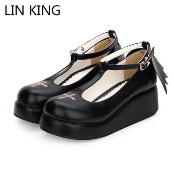 

LIN KING New Spring Autumn T-strap Women Wedges Pumps Round Toe Platform High Heel Shoes Angel Wing Princess Cosplay Party Shoes
