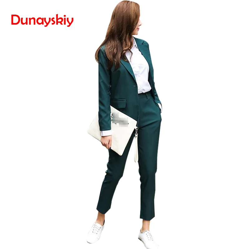 Coats dark 2 Lady Pant Sleeve Office Set Suit Solid And Basic Dunayskiy Business Green Wears Women Blazers Work Pants Uniform Piece Black Long xqEC8716w