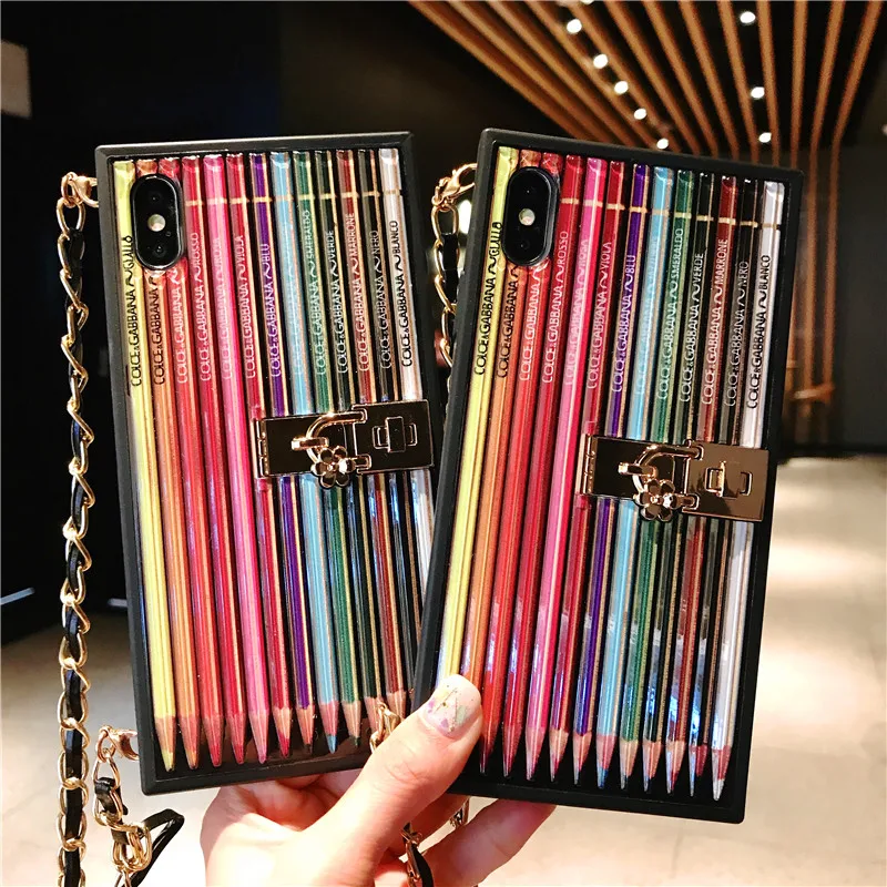 

Fashion Gradient Rainbow Case for iPhone X XS Max Xr Square lattice hanging rope Kickstand case for iPhone 8 7 6 6S Plus
