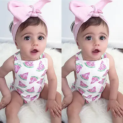 2018 Summer Cute Baby Girls Romper Jumpsuit Headband Watermelon Printed Outfits Sunsuit Set New 0 24M 2018 Summer Cute Baby Girls Romper Jumpsuit Headband Watermelon Printed Outfits Sunsuit Set New 0-24M Children Kids Clothes Hot