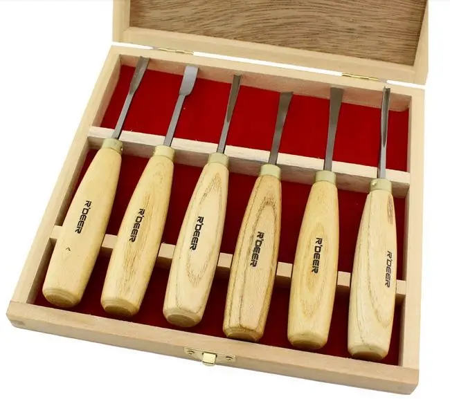

SunRed made in hongkong high quality 65#MN 6pcs wood sculptural chisel carving tools with wooden box NO.RT-M106 freeshipping