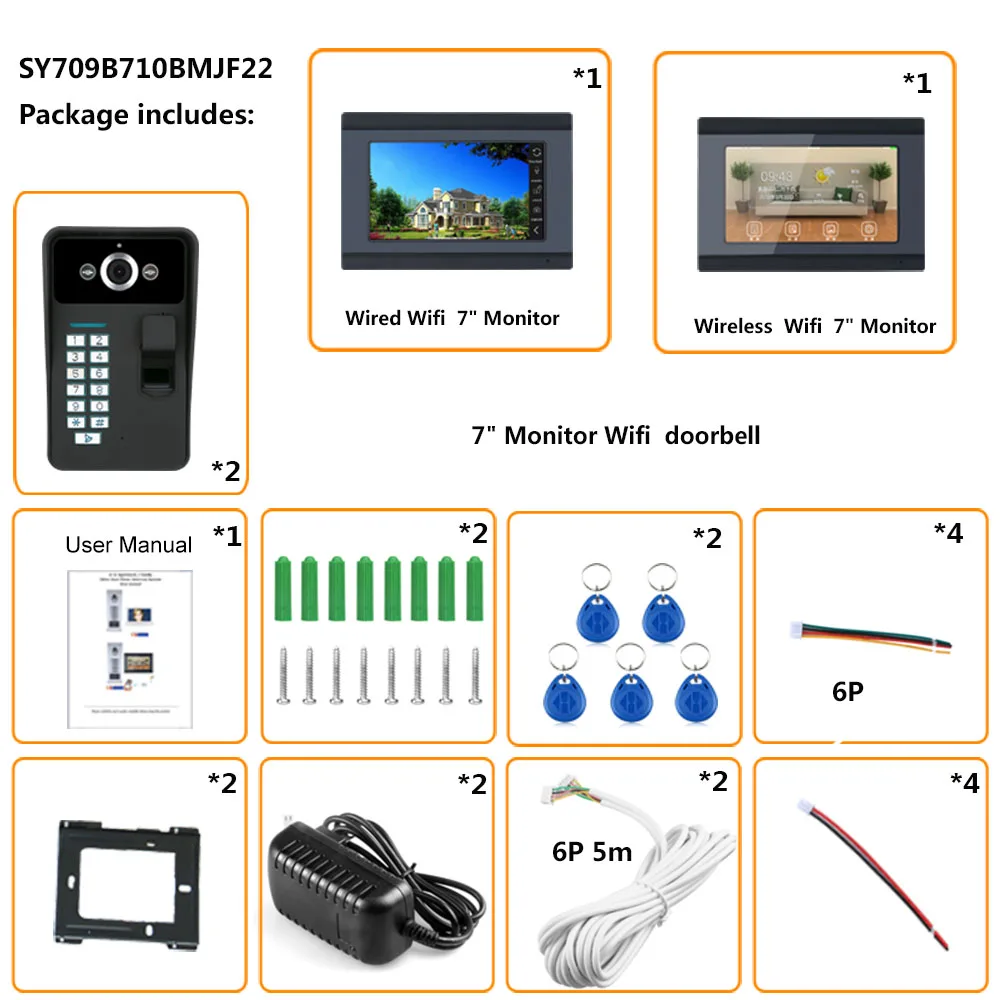 Yobang безопасности 2*7 дюймов проводной/Беспроводной Wi-Fi отпечатков пальцев RFID пароль видео дверь домофон запись Системы с 2 Cam