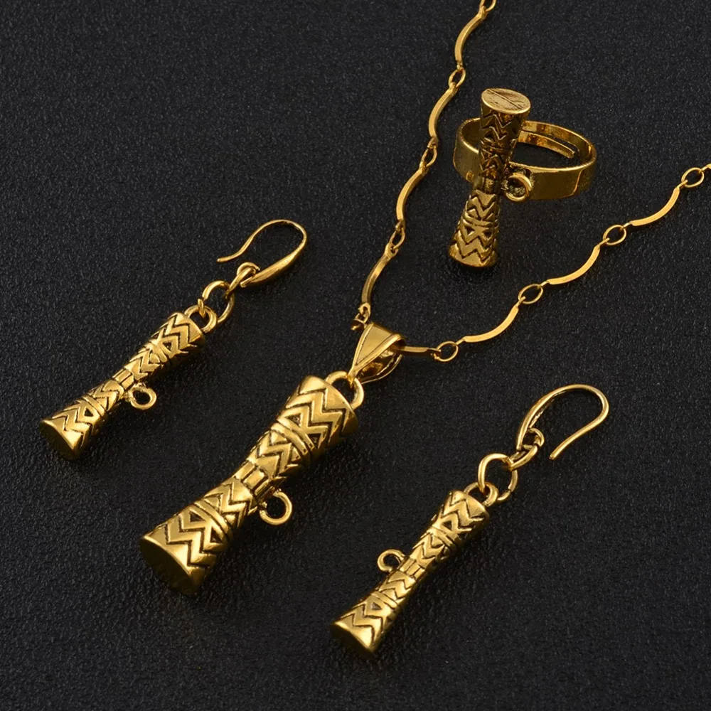 Anniyo цвета золота, подвеска барабан, ожерелья, серьги, кольцо, набор, фоновый стиль, кунду, ювелирные наборы#130406