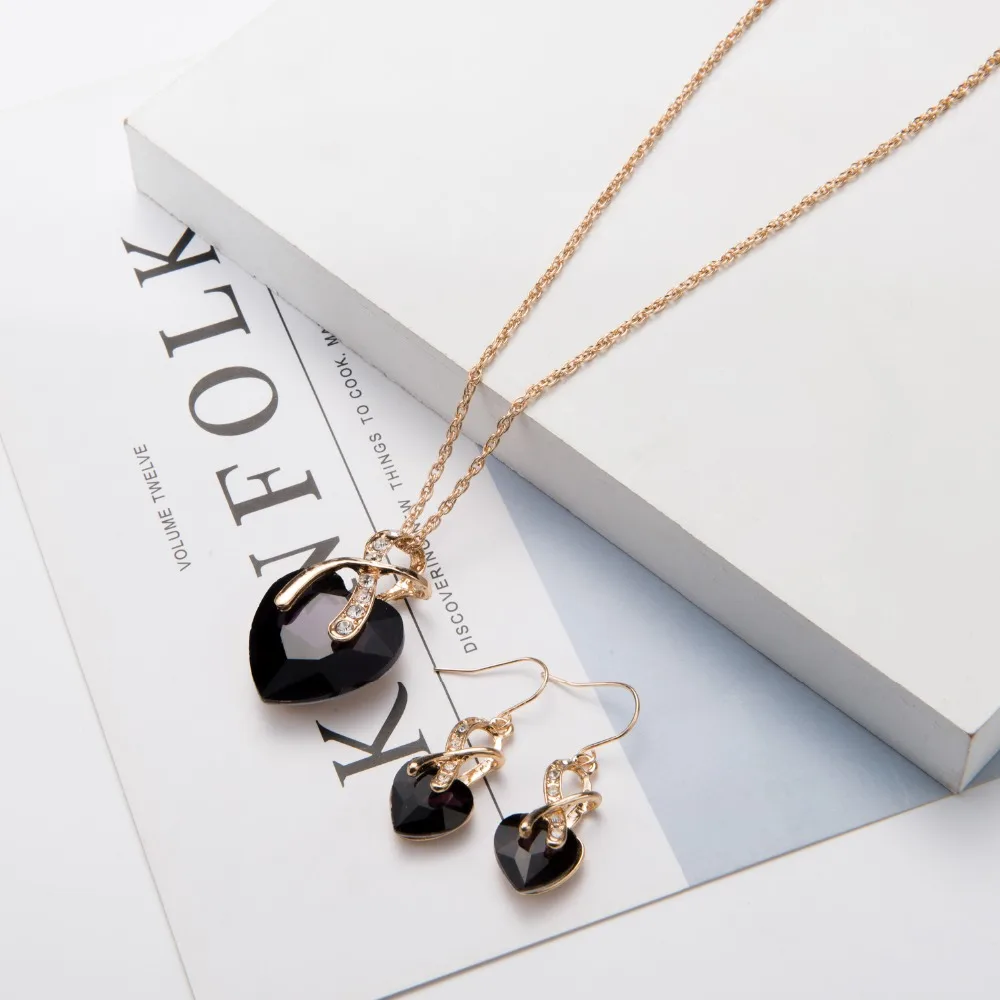 white green blue purple Austrian Crystal Necklace Earrings Sets Engagement Gold Color Heart Crystal Jewelry Set For Women S020