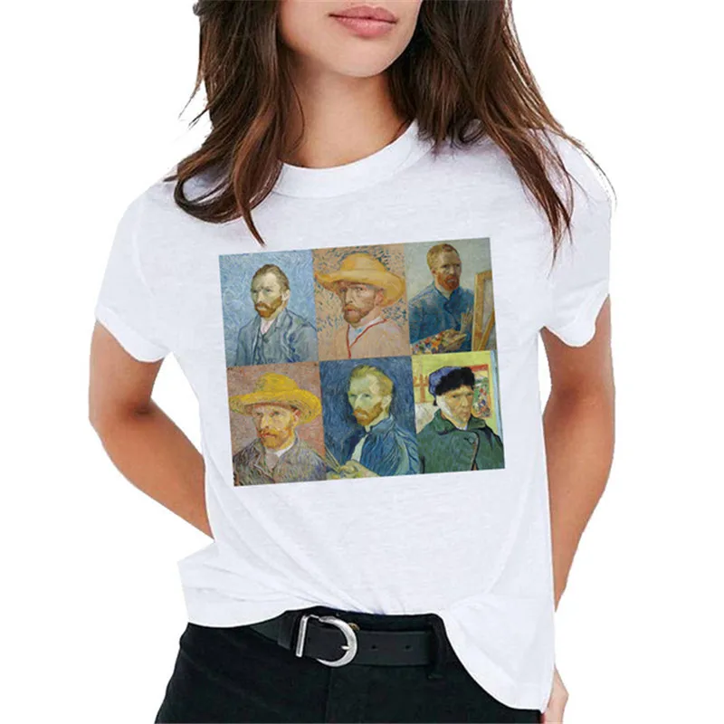 

New Women T Shirt Van Gogh Art Oil Painting Lattice Print Cute Female T-shirt Casual Harajuku T-shirts Camisetas Mujer