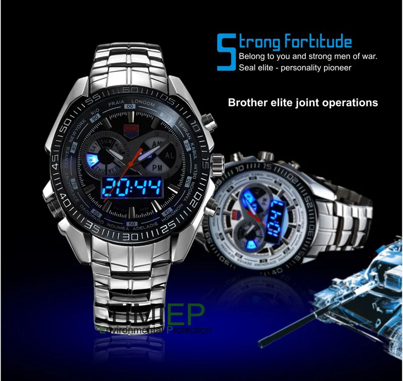 TVG 2017 Hight Quality Stainless Steel Men s Clock Fashion Blue Binary LED Pointer Military Sports