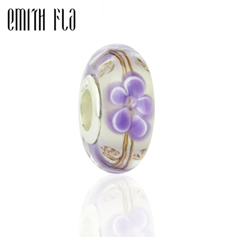 

Authentic 925 Sterling Silver 3D Purple Flower Murano Glass Beads Charms DIY Fit For European Original Bracelets & Necklace DIY