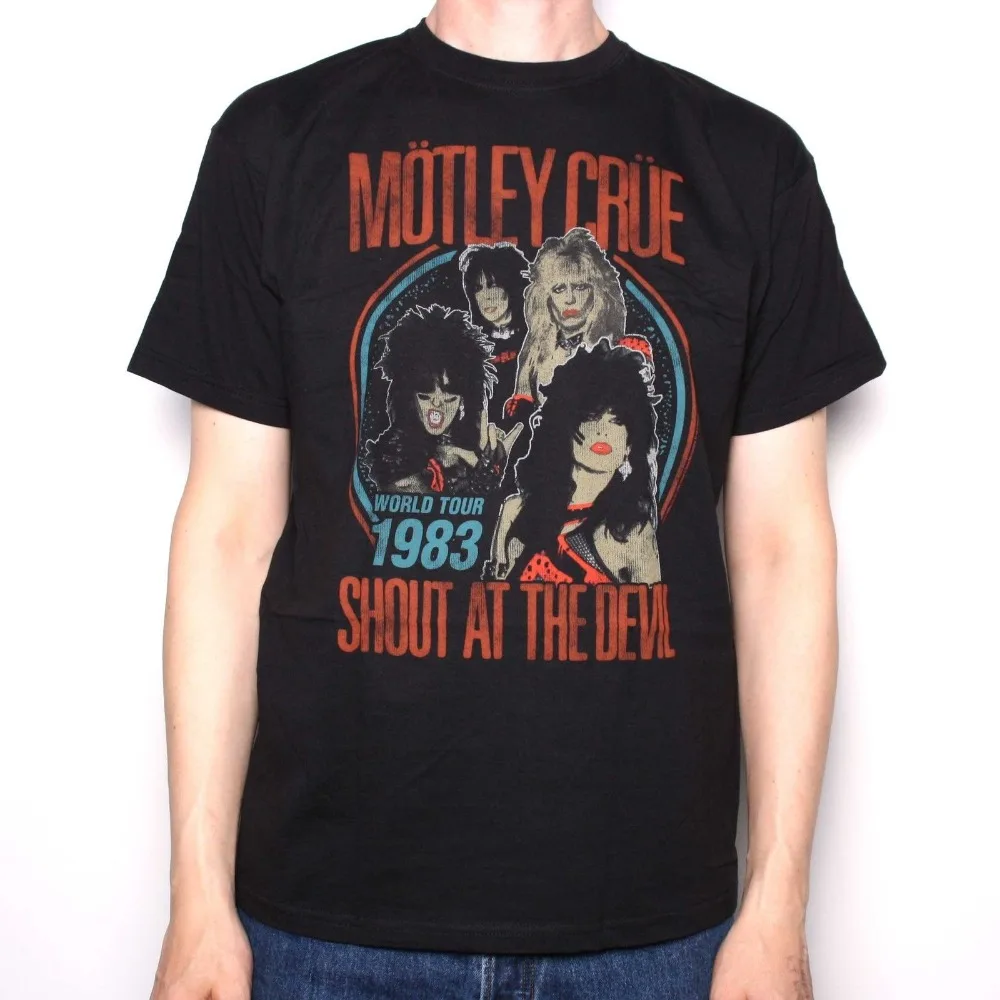 Для мужчин модные Motley Crue Футболка-кричать на дьявола 1983 Tour Реплика 100% Официальный