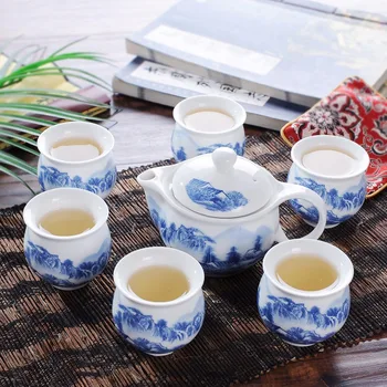 

Kung Fu Tea Set, Ceramic tea pot suit,Blue and white porcelain series,Anti scald Double layer cup, Japanese style tea set gift