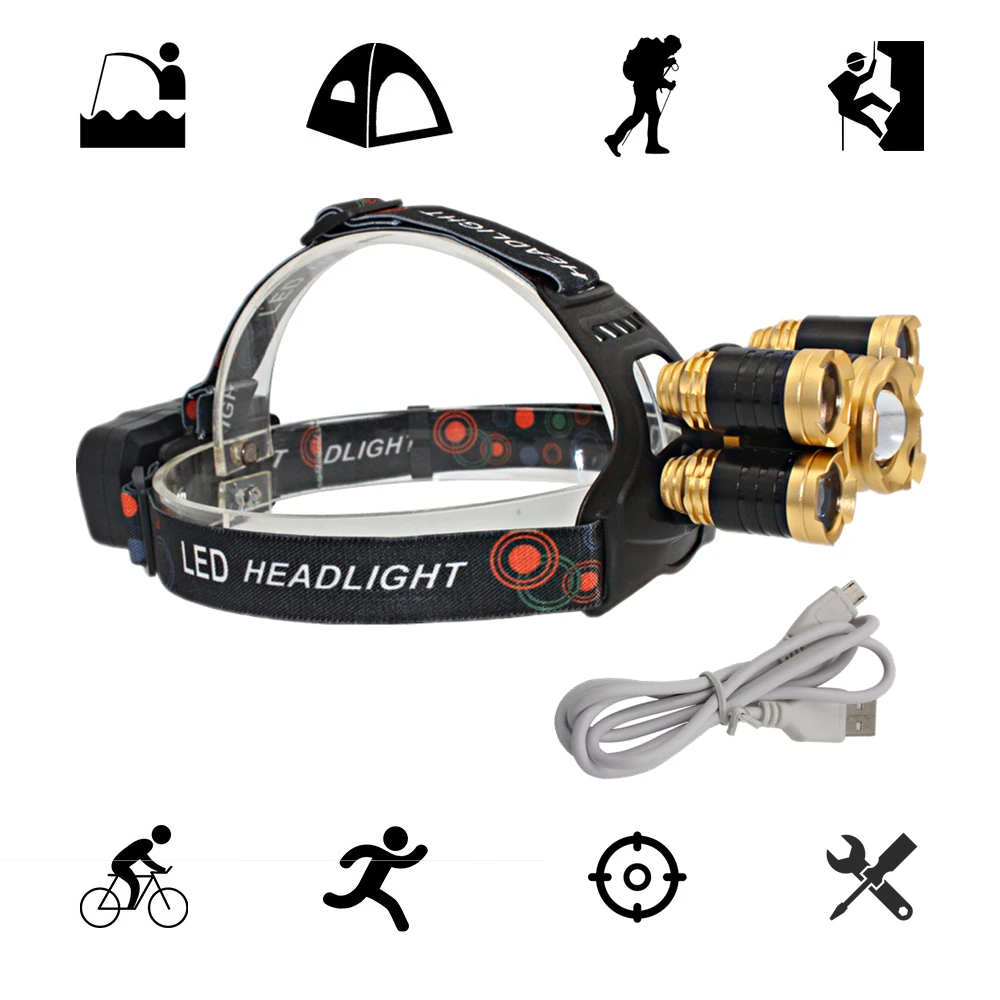 

USB Rechargeable Headlamp Zoom Headlight Zoomable Head Lamp 5 LED T6 Q5 Hunting Lamp Flashlight Lanterna with USB Charger line