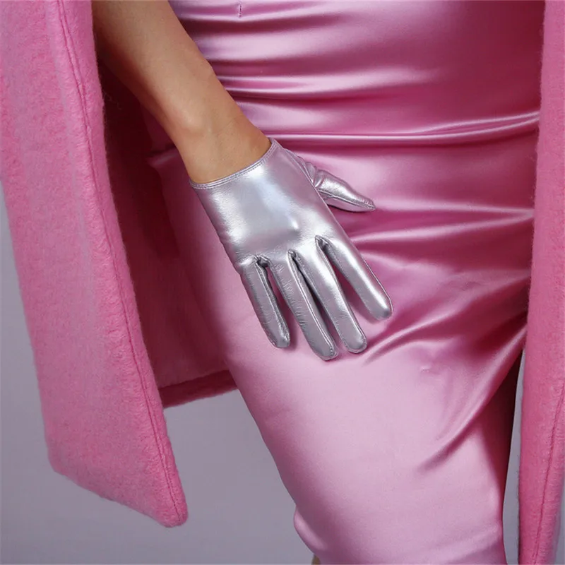Fashion Silvery Patent Leather Woman's Gloves Faux Genuine Leather PU Synthetic Leather 50cm Long Female Mittens P45