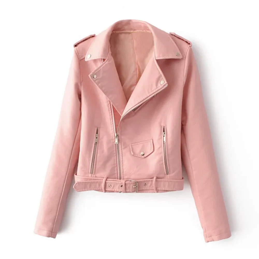 2017 Autumn Women Basic Coats Fashion PU Faux Leather Bomber Jacket Coat Zipper Belt Long Sleeves Basic Moto Jacket Outerwear