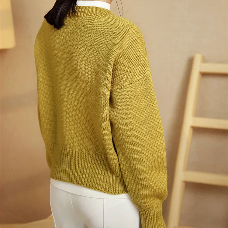  new fashion 100%hand made pure wool Vneck knit women solid H-straight short pullover sweater one&ov