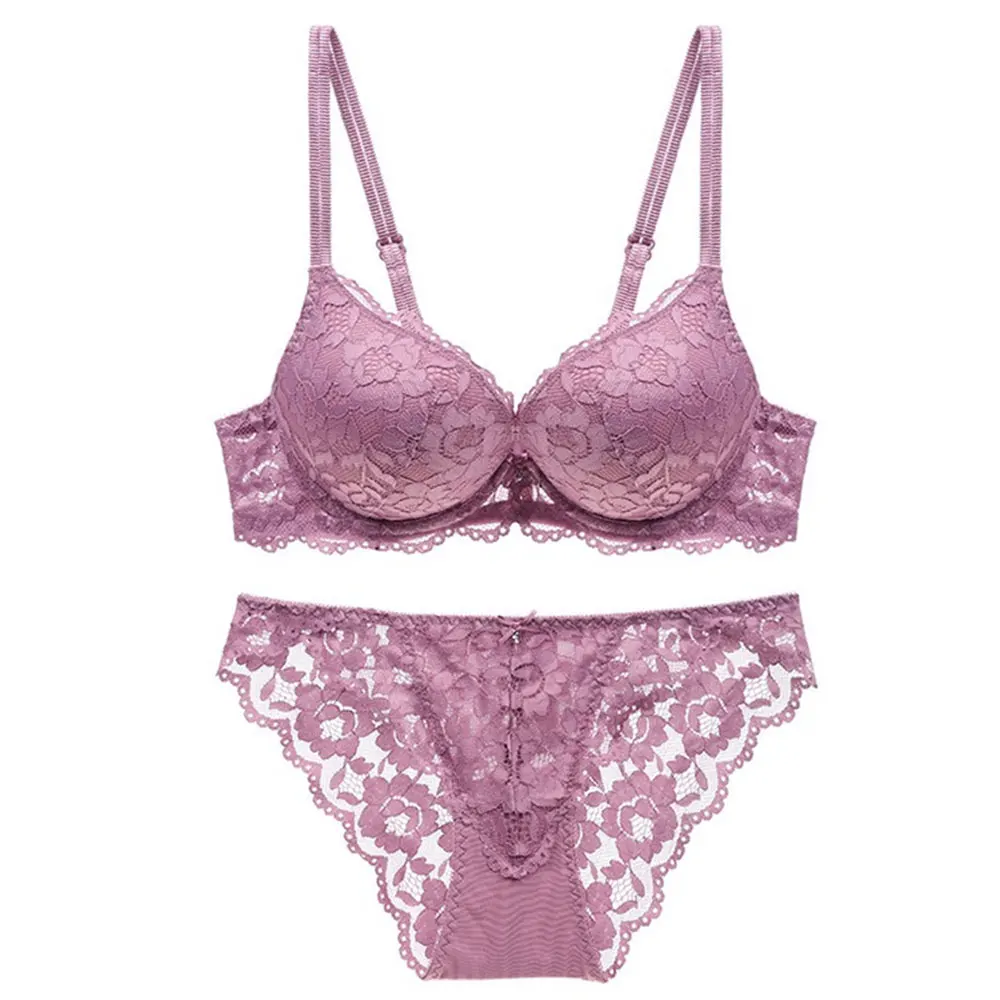 

Underwear Set Sexy Lace Mesh Bra and Panty Flower Embroidery Push Up Seamless Adjustment A B Cup Lingerie For Women High Quality