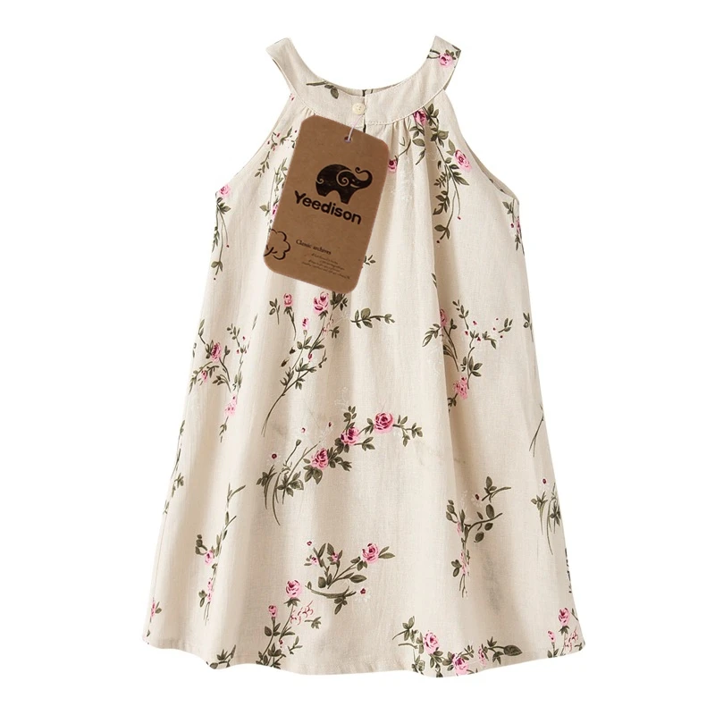 2018 New Baby Girls Dress Summer Toddler Kids Floral Print Sleeveless Princess Party Dresses For Girls Linen Children Costumes (5)