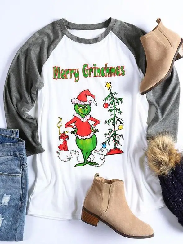 

New Adult Christmas Grinch T-Shirt Lady Long Sleeve Tops XMAS Party Gift S-2XL
