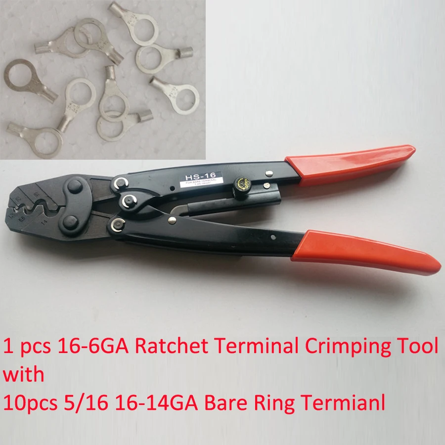 

HS-16 Ratchet Terminal Crimper for Non-insulated AWG16-6 with 10 5/16 16-14Ga Wire Ring Terminal Connector Uninsulated