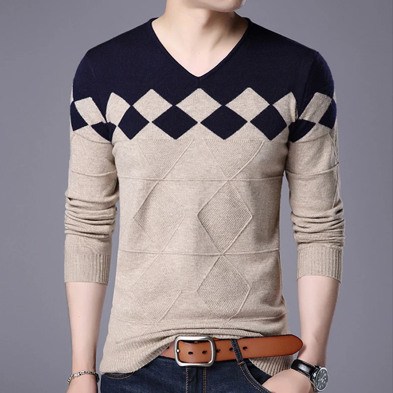 Nisexper кашемировый шерстяной свитер для мужчин осень зима приталенный пуловер для мужчин с узором Аргайл v-образным вырезом пуловер для мужчин - Цвет: Хаки