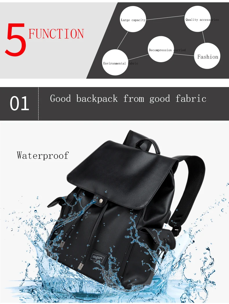 Augur Fashion Men Backpacks Pu Leather Usb Charging Travel