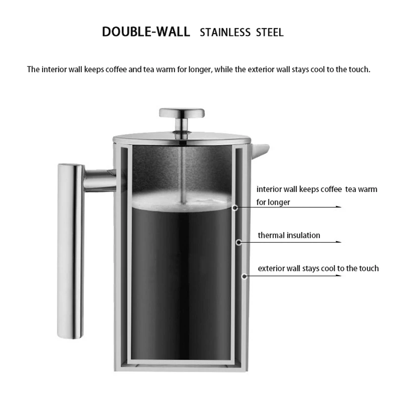 Biolomix Френч-пресс с двойными стенками из нержавеющей стали зеркальная отделка кофе/чая: двухэкранная система без ржавчины можно мыть в посудомоечной машине