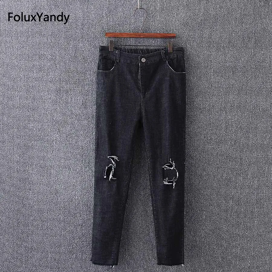 

Stretched Hole Jeans Plus Size 3 4 5 XL Casual Slim Women Denim Pencil Pants Trousers KK3506