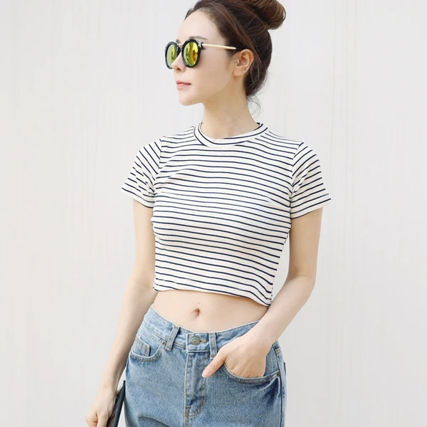 2018 Summer Stripe Crop Top T shirt Women Simple White