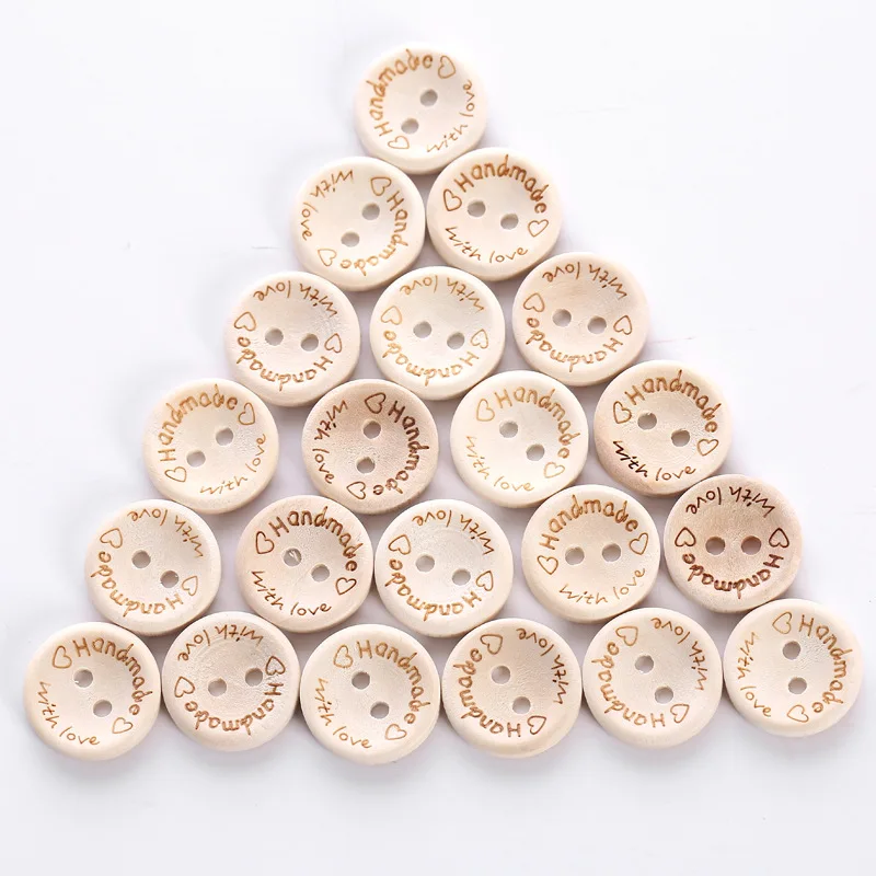 

Hand Made with Love Sewing Wood Button 15mm/20mm/25mm Round Decorative Craft Buttons High quality 100 pcs/pack