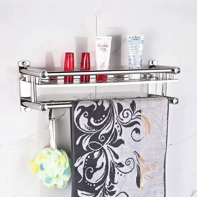 Suction Wall Stainless Steel Bathroom Towel Rack Shelf And Hooks No Suction Wall Stainless Steel Bathroom Towel Rack Shelf And Hooks No Drilling Hole Double