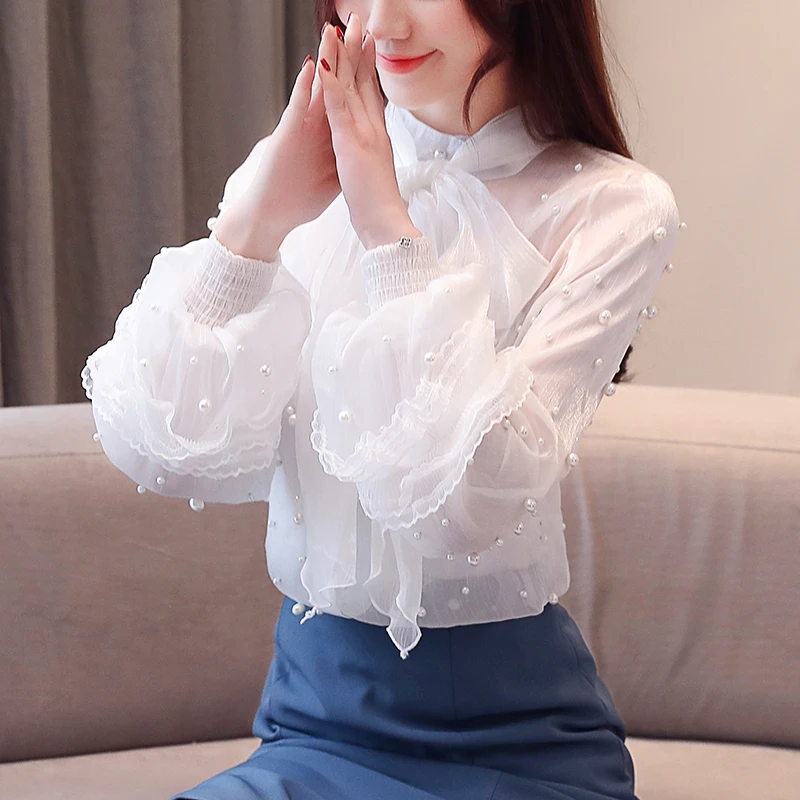 

JSXDHK New Fashion Women Chiffon Lantern Sleeve Top 2019 Spring White Mesh Beading Bowknot Blouse Office Lady Tull Shirt S-2XL