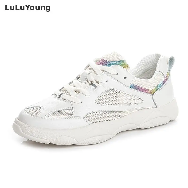 

Leisure Shoes Female White Breathable Summer Lace Up Split Leather Mesh Lace Up Sneakers Women Casual Flats Shoes