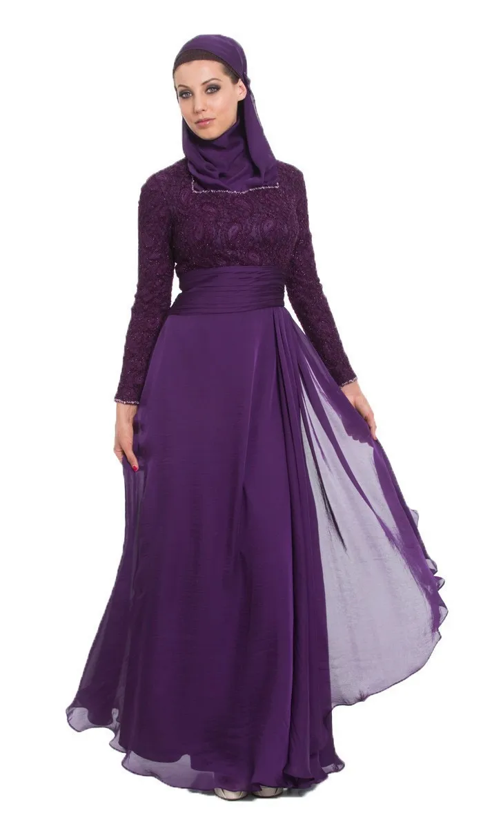 2016 Muslim Grape Evening Dresses A line Long Sleeves Squins font b Hijab b font Islamic