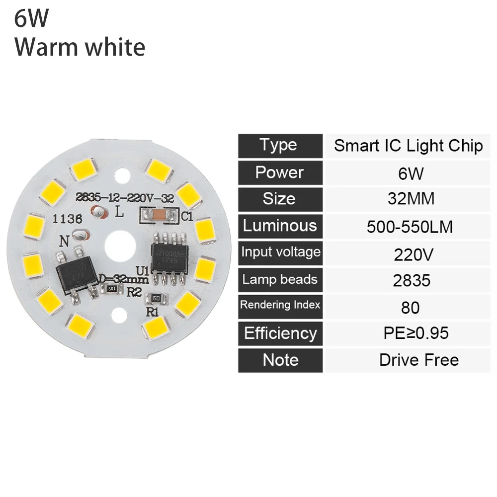 Умный IC круглый 3-15 Вт Светодиодный светильник-чип 2835 SMD Смарт IC чипы пластины ac220в теплый белый/белый светодиодный светильник COB лампы светодиодный - Emitting Color: 6W warm white