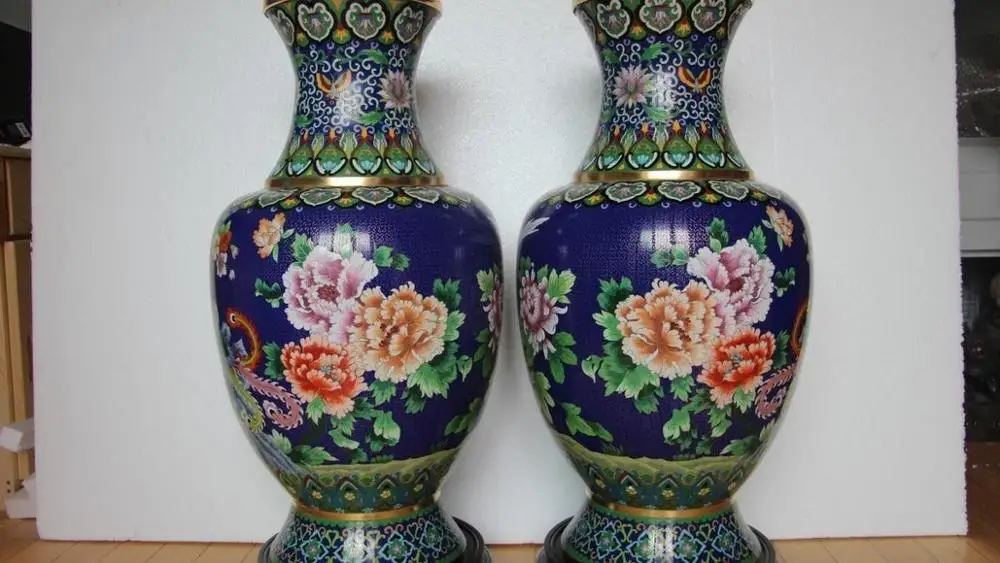 

35 Royal Palace Copper Cloisonne Enamel Peony flower Phoenix Birds God Vase Pair