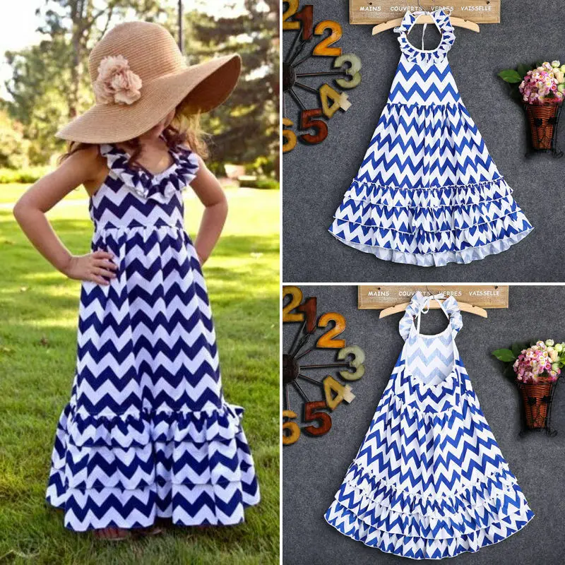 

Lovely Kids Girls Party Wave Long Dress Boho Stripe Sleeveless Sling Summer Beach Sundress 3-10Y
