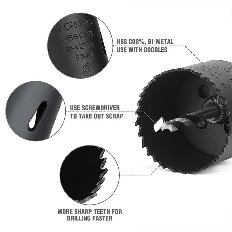 WORKPRO 9PC HSS Core Drill Bits Universal Hole Saw Set High Speed Steel Carbide Tip Hole Saw Tooth for Wood Metal