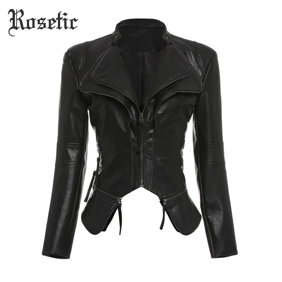 

Rosetic Gothic Black Faux Leather PU Jacket Women Winter Autumn Motorcycle Jackets Dark Warm Faux Leather Coats Outerwear Coat