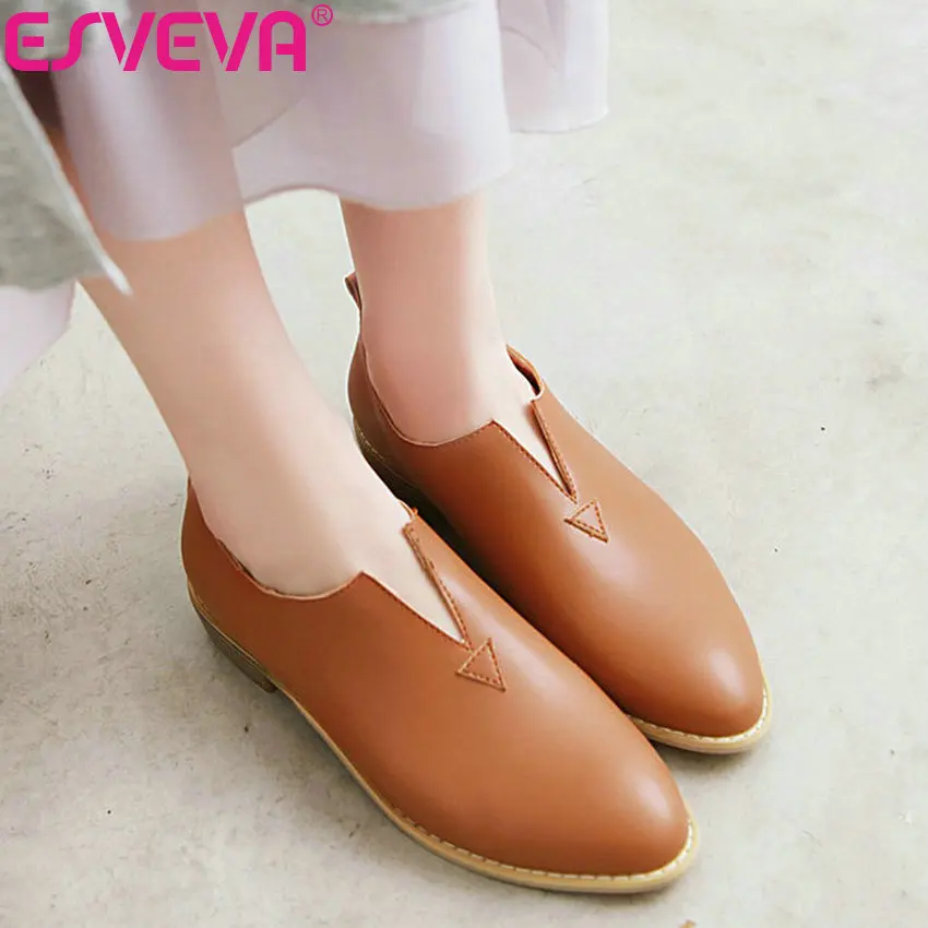 

ESVEVA 2019 Women Shoes Pu Leather Low Heel Slip on Pointed Toe Solid Casual Single Shoes Spring Vintage Style Simple Size 34-43