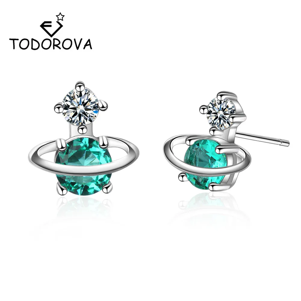 

Todorova Korean Fashion Jewelry Green Universe Planet Galaxy Stud Earrings 925 Sterling Silver Zirconia Women Earrings
