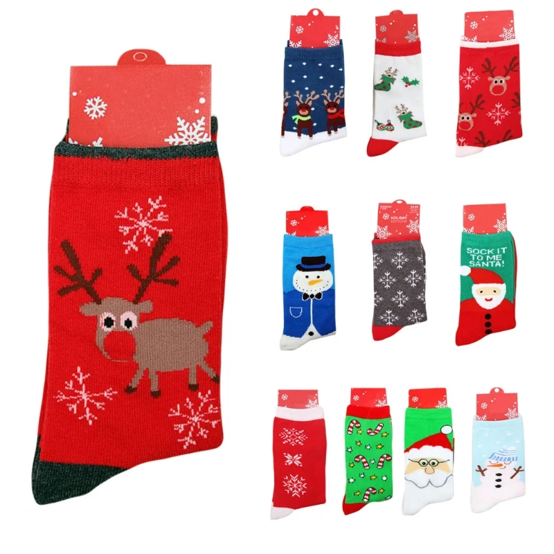 Женские зимние карнавальные длинные носки с рождественским рисунком, теплые хлопковые забавные вязаные носки в подарок