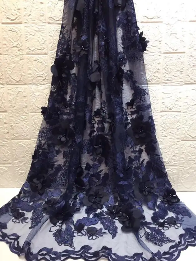 

Navy blue 3d flower embroidered net African Tulle Lace Fabric African French Lace Fabric ZH1931712 with embroidery