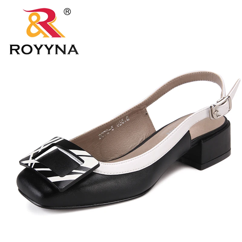 

ROYYNA New Novelty Style Women Sandals Square Heels Femme Summer Shoes Metal Decoration Feminimo Slippers Fast Free Shipping
