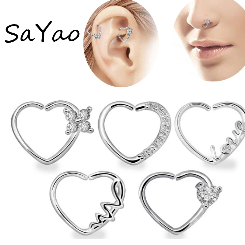 

SaYao 16G 1.2mm Zircon Heart Earring Nose Piercing Helix Love Flower Anodized Seamless Endless Tragus Cartilage Hoop Ring