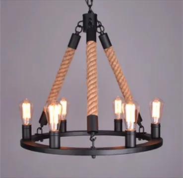 Fashion Vintage Metal Rope Chandelier Ceiling lamp 6 Candle Lights Lighting Fixtures Iron Black/Rusty color for Home Lighting