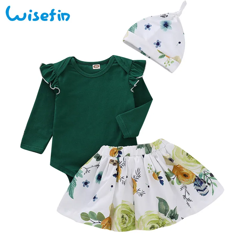Комплект одежды для маленьких девочек 0-24 месяцев, милая Одежда для новорожденных девочек, хлопковые топы с рюшами и длинным рукавом, юбка с цветочным рисунком, зимние шапки для девочек, D30 - Цвет: Зеленый