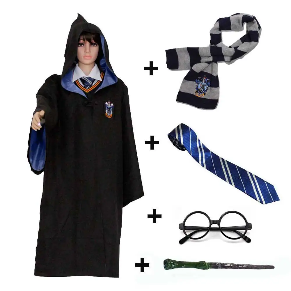 Детский костюм Слизерин для взрослых Ravenclaw Gryffindor Hufflepuff, Волшебная Одежда, плащ, шарф, галстук, палочка, очки, набор - Цвет: 5pcs 02