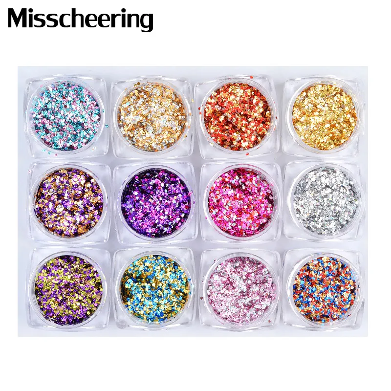

12Boxes/Set Hexagon Nail Glitter Sequins Mixed Color Shiny 3d Nail Art Glitter Decorations Ultra-thin Flakes Manicure Tools
