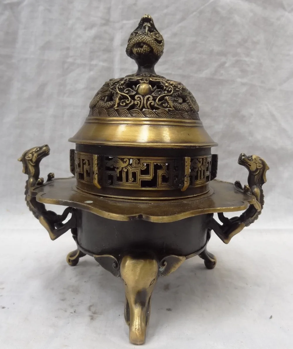 

bi003251 8" Tibet Pure Bronze Dragon Head Ball Elephant Lion Statue Incense Burner Censer