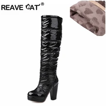 REAVE CAT/Новая Зимние женские сапоги на высоком каблуке высокие сапоги до колена женская обувь на платформе Для женщин мех теплый Камуфляжный черный A928