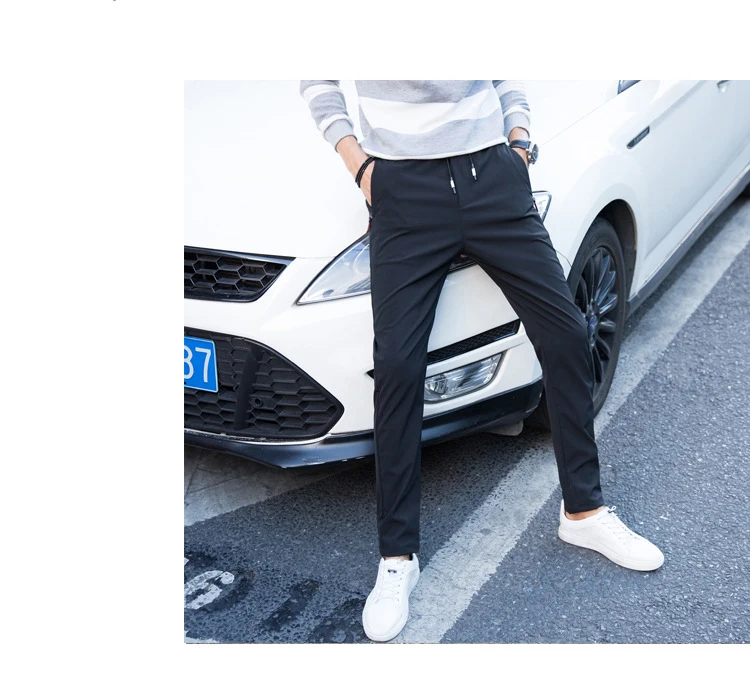 Летние тонкие мужские брюки в Корейском стиле, эластичные черные повседневные штаны, мужские быстросохнущие спортивные брюки, прямые